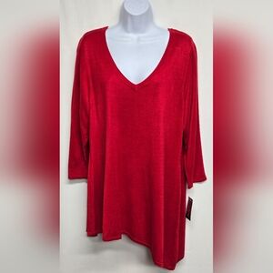 I.N.C 1X Red V Neck Sweater Asymmetrical Long Sleeves Slinky Stretch Knit Rayon